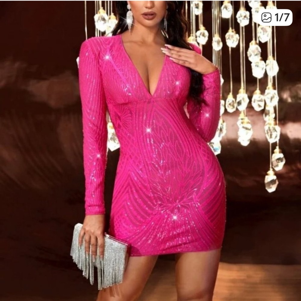 Hot pink Sequin Plunging Neckline Bodycon mini Dress